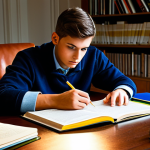 The Determined Student**

"A fully clothed student, appropriate attire, intensely focused on studying law books at a desk, surrounded by notes and highlighters, a warm lamp illuminates the scene, creating a sense of dedication and perseverance, safe for work, professional, perfect anatomy, correct proportions, well-formed hands, natural pose, family-friendly."

**